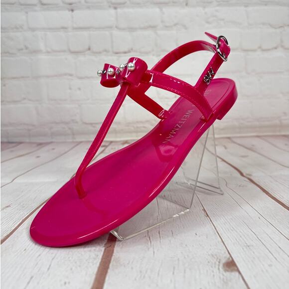 Stuart Weitzman Imitation Pearl Bow Jelly Pink Ankle Strap Sandals Women’s Sz 6B - Picture 3 of 8